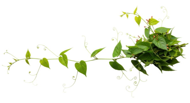 Vibrant green climbing vine with heart-shaped leaves and curling tendrils, reddish flower buds on right, arranged horizontally on a transparent background with copy space, clean overhead flat lay
