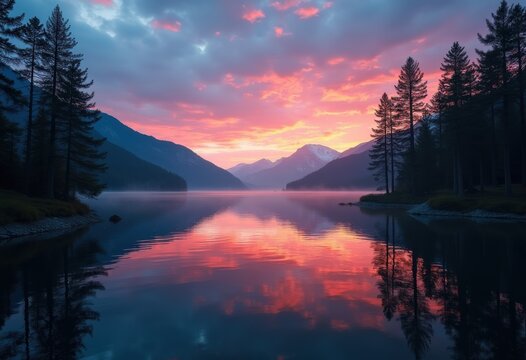 Serene Lakeside Twilight Reflection Landscape with Silhouetted Trees and Colorful Sky
