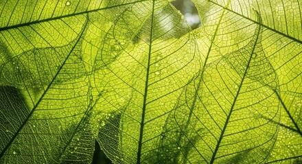 Close up shot of luminous green leaves showing intricate vein patterns