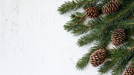White Wood Background with Pine Branches and Pinecones Christmas Composition, Holiday Decor Christmas,Winter