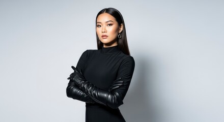 Woman in black arms crossed wearing long leather gloves