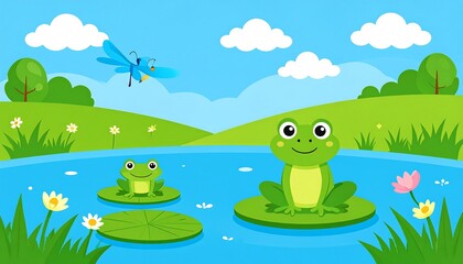 Two cheerful frogs sit on lily pads in a serene, colorful landscape, with a dragonfly flying above.
