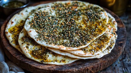 Za'atar Flatbread Stacked, Close-up, Middle Eastern Cuisine, Recipe, Food Photography Za'atar, Flatbread