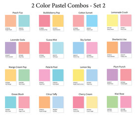 Pastel 2 Color Combinations Palettes Set 2 - 16 Combos 3d Bright Pastels Tones - with HEX Codes and Names, Colour Palette, Schemes
