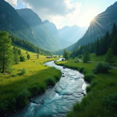 Obraz premium Serene River Flowing Through Lush Vibrant Valley Surrounded by Majestic Mountains and Thick Forests