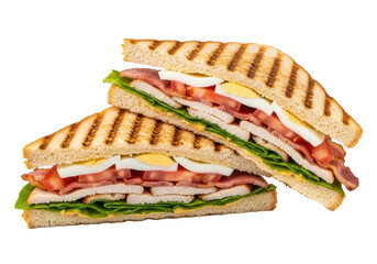 Two halves of a gourmet club sandwich with grilled bacon, chicken, lettuce, tomato, egg layers on a transparent studio background, macro shot, appetizing food photography concept