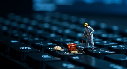 Cybernetic Cleanup: A Miniature Worker Tidying a High-Tech Keyboard