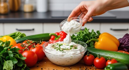 Fresh Creamy Dip with Herbs and Vegetables Healthy Snack