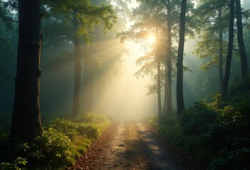 Foggy Forest Sunbeams Enchantment Ethereal Light Sun Rays Mystical Wilderness Serenity Atmosphere