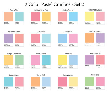 Pastel 2 Color Combinations Palettes Set 2 - 16 Combos 3d Bright Pastels Tones - with HEX Codes and Names, Colour Palette, Schemes