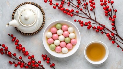 Chinese new year celebration festive food and decorations top down view