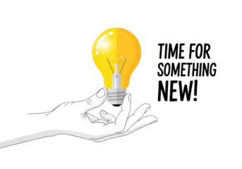 Stylized graphic hand holding bright yellow lightbulb illustration with glow, transparent minimalist background, "TIME FOR SOMETHING NEW!" text. Clean vector art. Concept of innovation