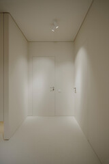 Modern minimalist hallway with soft lighting, clean walls, and hidden doors, creating a serene atmosphere.