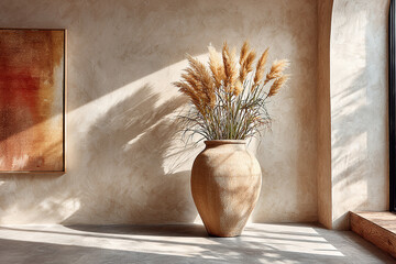 Ceramic vase with dried pampas grass against neutral textured wall, minimal interior decor