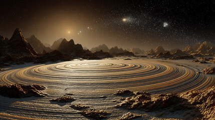 Surreal landscape of an alien planet with rings and starry sky