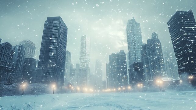 Snowy New York City Skyline with Tall Buildings and Streetlights cityscape winter photo