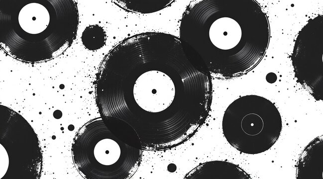 A dynamic pattern of distressed vinyl records creates a vintage and musical atmosphere, perfect for backgrounds and designs - Powered by Adobe