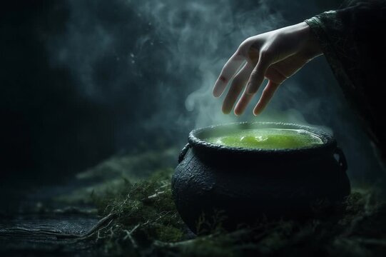 Photorealistic witch hand dropping herbs into glowing cauldron, spooky witches&rsquo; brew scene