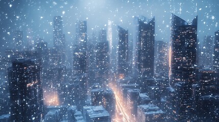 Snowy urban landscape at night with illuminated skyscrapers and streetlights city photo