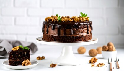 Decadent chocolate cake with walnuts