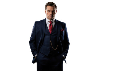 Caucasian man in tailored navy pinstriped suit, red tie, golden pocket watch chain, confident gaze, dramatic cinematic lighting on void black background, shallow depth of field, sophisticated