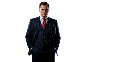 Caucasian man in tailored navy pinstriped suit, red tie, golden pocket watch chain, confident gaze, dramatic cinematic lighting on void black background, shallow depth of field, sophisticated