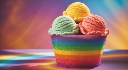 Colorful Ice Cream Treat: A vibrant array of three scoops of ice cream, in an assortment of refreshing colors, sits in a rainbow-themed cup, making the scene inviting. 