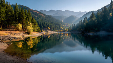 Tranquil lake reflecting mountains and forest in the morning light