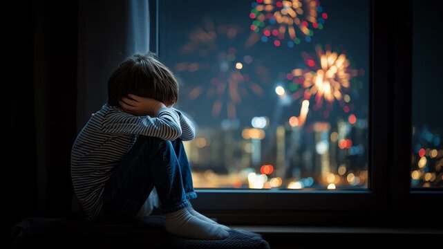 Autistic Sad child covering ears indoors during fireworks outside at night. Video.
