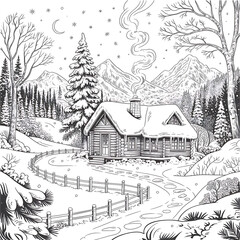 Winter cabin in the mountains with snow and smoke isolated on white background