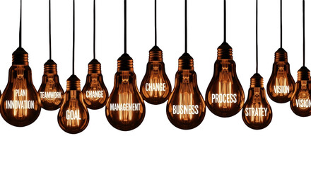 Horizontal row of luminous, clear Edison bulbs with internal golden-orange glow, displaying business words, against a black void. Concept of innovation and strategic thought