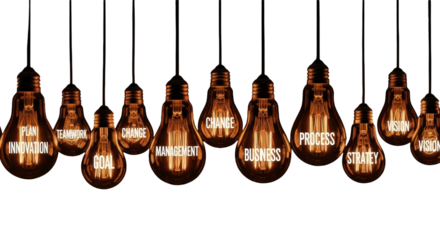 Horizontal row of luminous, clear Edison bulbs with internal golden-orange glow, displaying business words, against a black void. Concept of innovation and strategic thought