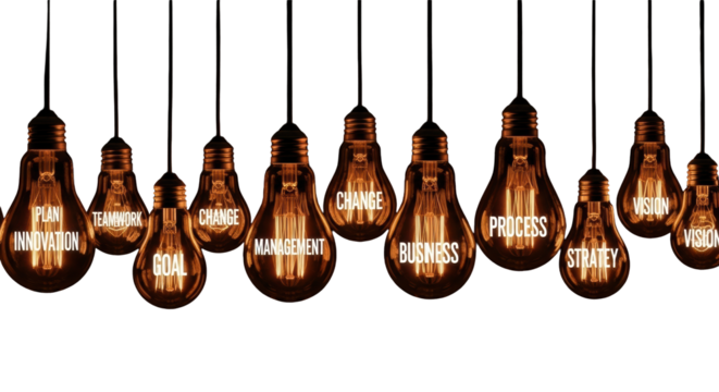 Horizontal row of luminous, clear Edison bulbs with internal golden-orange glow, displaying business words, against a black void. Concept of innovation and strategic thought