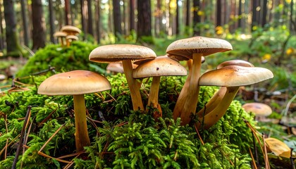 Cluster of Honey-Colored Mushrooms Growing on Moss in Forest