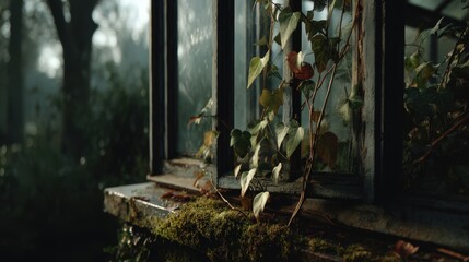 A captivating close-up of an old, abandoned greenhouse window pane, overgrown with lush green moss and wild ivy vines. The blurred background of the surrounding forest
