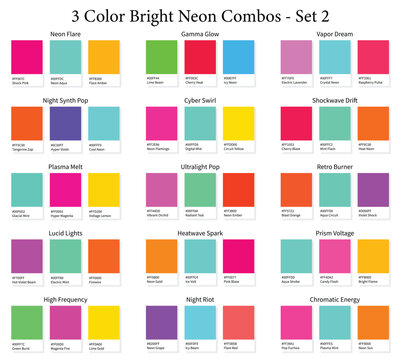 Bright Neon 3 Color Combinations Palettes Set 1 - 15 Combos 3d Electric Fluorescent Tones - with HEX Codes and Names, Colour Palette, Schemes