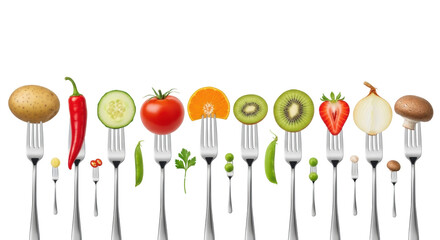 A row of polished stainless steel forks impale vibrant fresh produce including potato, chili, tomato, kiwi, and strawberry on a transparent background with copy space, concept of healthy eating and