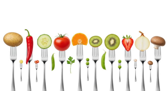 A row of polished stainless steel forks impale vibrant fresh produce including potato, chili, tomato, kiwi, and strawberry on a transparent background with copy space, concept of healthy eating and