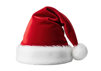Classic red velvet santa hat with thick white faux fur brim and fluffy pom-pom, crisp focus on a transparent studio background with copy space, timeless holiday cheer