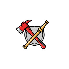 Iconic Firefighter Axe and Hose Nozzle crossed over a Protective Shield representing Emergency Services and Safety