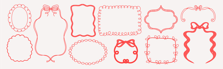 Wedding frame set with lace and pearls. Hand drawn oval and wavy vintage borders with bows and ribbons. Elegant retro vector decorations for invitations, greeting cards, postcards, and celebration des