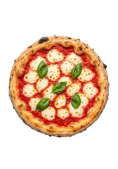 Authentic Neapolitan Margherita pizza with puffy cornicione, rich tomato sauce, melted mozzarella, fresh basil, isolated on transparent background, soft studio light, authentic culinary depiction