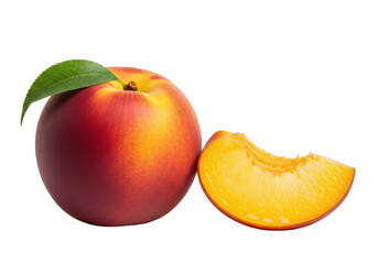 A perfectly ripe whole peach with vibrant gradient hues and a green leaf, next to a juicy golden-yellow slice on a transparent studio background. Concept of fresh natural food and healthy eating