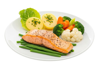 Perfectly cooked salmon fillet with seared skin, green beans, potato halves, steamed broccoli, carrots, cauliflower, and lettuce on a white plate with copy space. Concept of healthy culinary