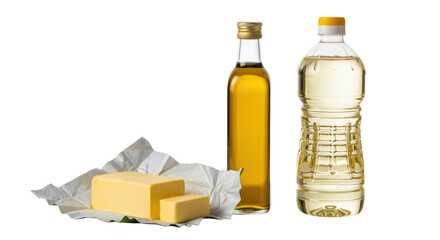 Vibrant yellow butter in silver foil, golden olive oil in clear bottle, light yellow vegetable cooking oil in clear bottle on transparent background with soft reflections and copy space, bright