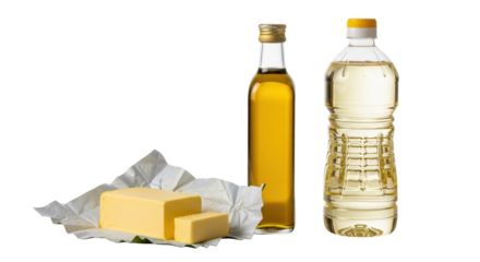 Vibrant yellow butter in silver foil, golden olive oil in clear bottle, light yellow vegetable cooking oil in clear bottle on transparent background with soft reflections and copy space, bright