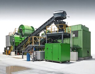 Industrial recycling facility with multiple processing units, including conveyors and machinery, in bright, daylight lighting.