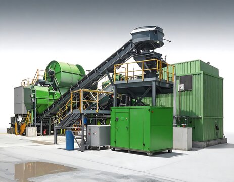 Industrial recycling facility with multiple processing units, including conveyors and machinery, in bright, daylight lighting.