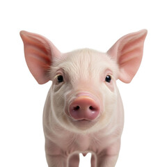 Young pink piglet, alert eyes, detailed snout, looking curiously into camera, white studio background, copy space, soft lit concept of innocent animal curiosity