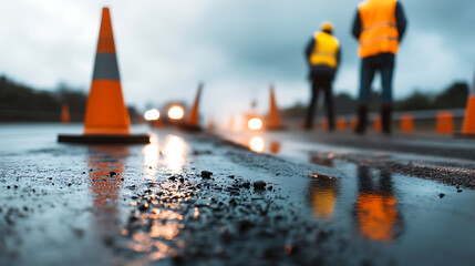 Roadwork in Progress: Cones and Workers. Stay Alert. Orange traffic cones line a wet road with blurred figures in safety vests, indicating construction.